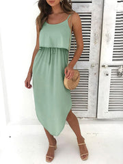 Casual solid color irregular slit suspender skirt high waist fake two piece dress