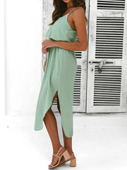 Casual solid color irregular slit suspender skirt high waist fake two piece dress