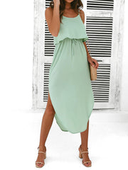 Casual solid color irregular slit suspender skirt high waist fake two piece dress