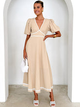 V-neck lace puff short sleeve waist dress