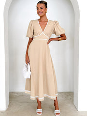 V-neck lace puff short sleeve waist dress