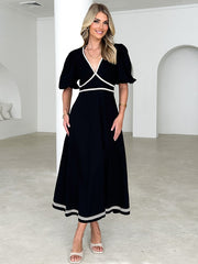 V-neck lace puff short sleeve waist dress