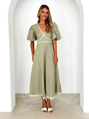 V-neck lace puff short sleeve waist dress