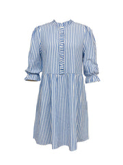 Puff Sleeve Stand Collar Striped Dress