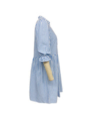 Puff Sleeve Stand Collar Striped Dress
