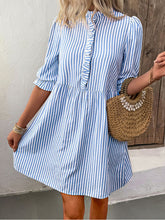 Puff Sleeve Stand Collar Striped Dress