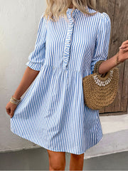 Puff Sleeve Stand Collar Striped Dress
