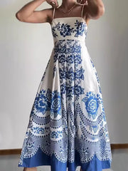 style ethnic style symmetrical printed dress with suspenders