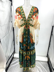 V-neck retro ethnic style positioning print linen dress