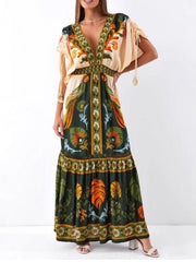 V-neck retro ethnic style positioning print linen dress