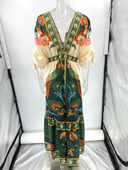 V-neck retro ethnic style positioning print linen dress