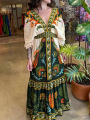 V-neck retro ethnic style positioning print linen dress