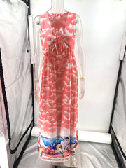 Linen Printed Casual Sleeveless V-Neck Maxi Dress