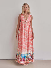 Linen Printed Casual Sleeveless V-Neck Maxi Dress