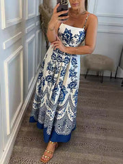 style ethnic style symmetrical printed dress with suspenders