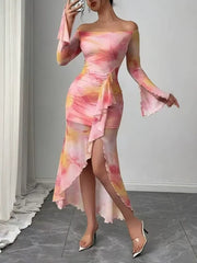 Printed One-Shoulder Plunging-Neck Dress