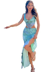 Mesh Pinted Slit Body-Hugging Dress