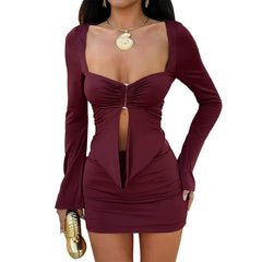 Long-Sleeved Metal Ring Figure-Hugging Dress