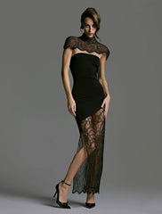 Vestido midi de vacaciones con cuello redondo, mangas cortas y lazo con diseño de encaje transparente - Negro