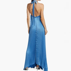 Halter Placement Print High Slit Vacation Maxi Dresses - Blue
