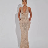 Sequin Cowl Neckline Halter Slim Fit Maxi Dresses - Orange