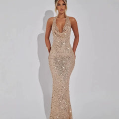 Sequin Cowl Neckline Halter Slim Fit Maxi Dresses - Orange
