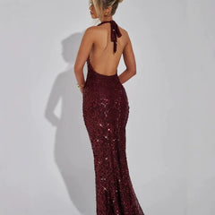 Sequin Cowl Neckline Halter Slim Fit Maxi Dresses - Orange