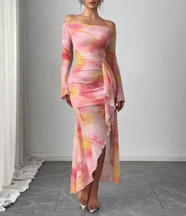 Printed One-Shoulder Plunging-Neck Dress