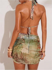 Butterfly Chain Decor Plants Print Halter Fitted Mini Dresses - Green