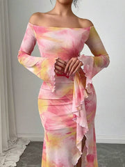Printed One-Shoulder Plunging-Neck Dress