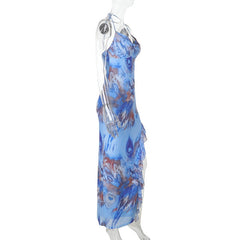 Floral Print Strapless Cutout Bodycon Maxi Dresses Blue