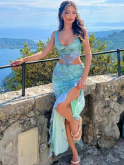 Mesh Pinted Slit Body-Hugging Dress