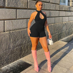 Cutout Sleeveless Open Back Slim Fit Plain Playsuit Romper - Black