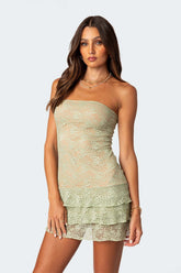 Jacquard Lace Strapless Slim Fit Tiered Hem Mini Dresses