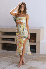 Vintage Print Halter Neck Fishtail Trim Sleeveless Maxi Dress - Apricot