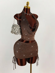 Shimmering Halter Crop Top Belted Mini Skirt 2pcs Set - Brown