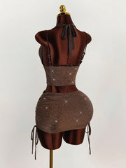 Shimmering Halter Crop Top Belted Mini Skirt 2pcs Set - Brown