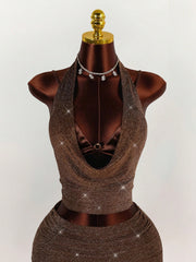 Shimmering Halter Crop Top Belted Mini Skirt 2pcs Set - Brown