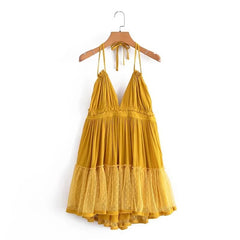 Mesh splicing low-cut backless halterneck suspender dress