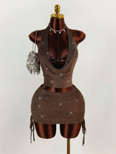Shimmering Halter Crop Top Belted Mini Skirt 2pcs Set - Brown
