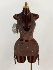 Shimmering Halter Crop Top Belted Mini Skirt 2pcs Set - Brown