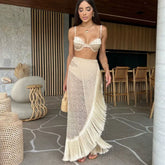 Halter Cutout Crochet Fringed Trim Backless Maxi Dresses - Beige
