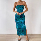 Floral Print Strapless Slit Hem Mesh Maxi Dresses - Blue Pre Order