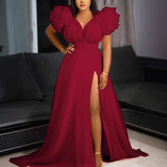 V Neck Tulle Ruffle Maxi Dress