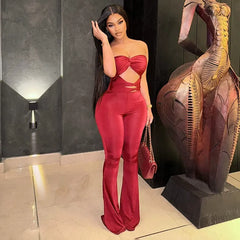 Twisted Strapless Cutout Corset Straight Leg Party Jumpsuit - Red