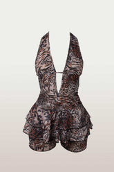 Leopard Print Halter Neck Cutout Ruffled Mini Dresses - Brown