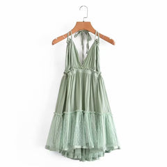 Mesh splicing low-cut backless halterneck suspender dress