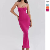 Floral Trim Sequin Beady Solid Color Halter Maxi Dresses - Fuchsia Pre Order