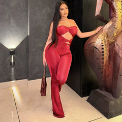 Twisted Strapless Cutout Corset Straight Leg Party Jumpsuit - Red