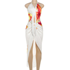 Halter-neck open-back V-neck maxi dress with fringe